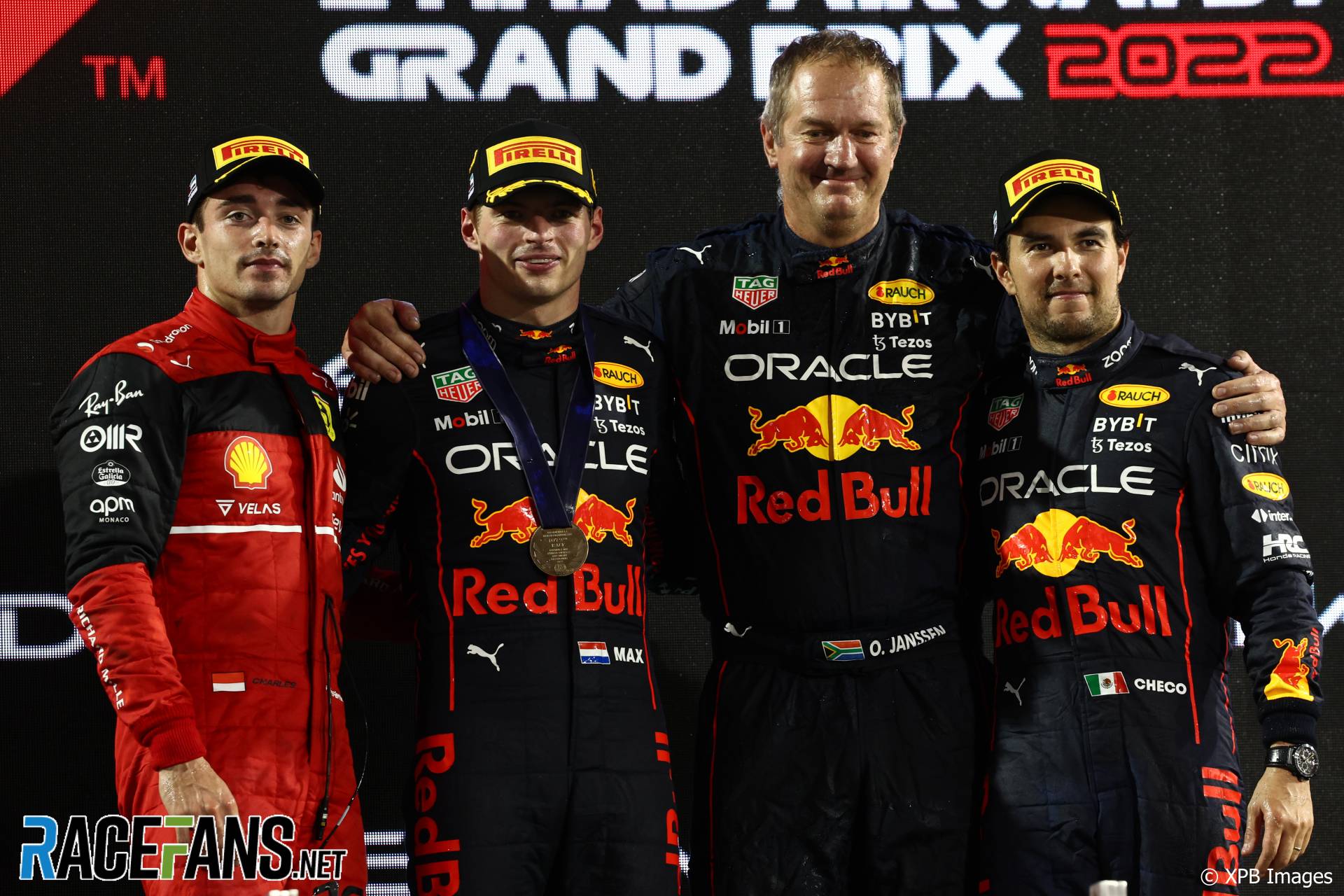 The Podium : Second Place Charles Leclerc (Scuderia Ferrari), Race Winner Max Verstappen (Red Bull Racing) and Third Place Sergio Pérez (Red Bull Racing)